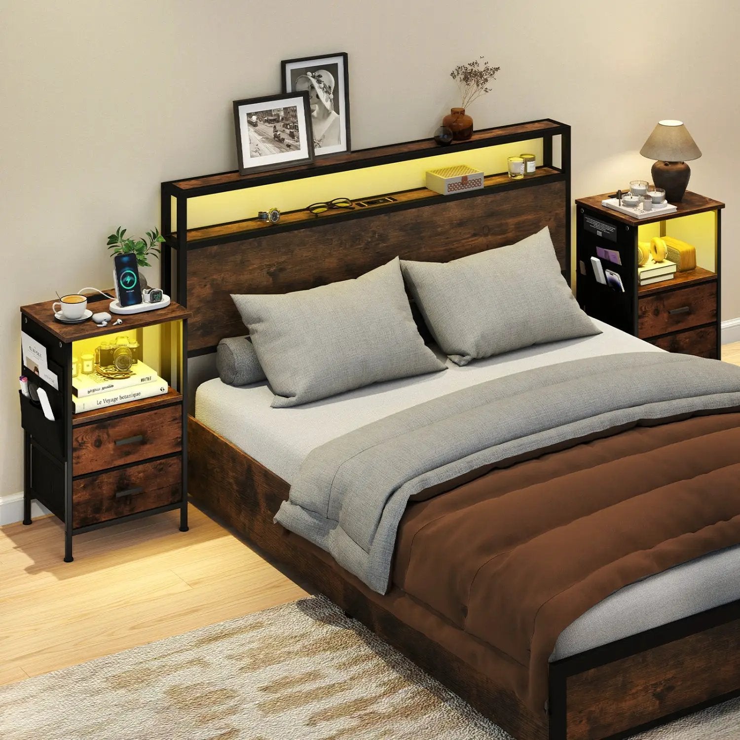 End Table with Charging Station Set of 2 Nightstand with 2 Folding Fabric Drawers by DirectDeals