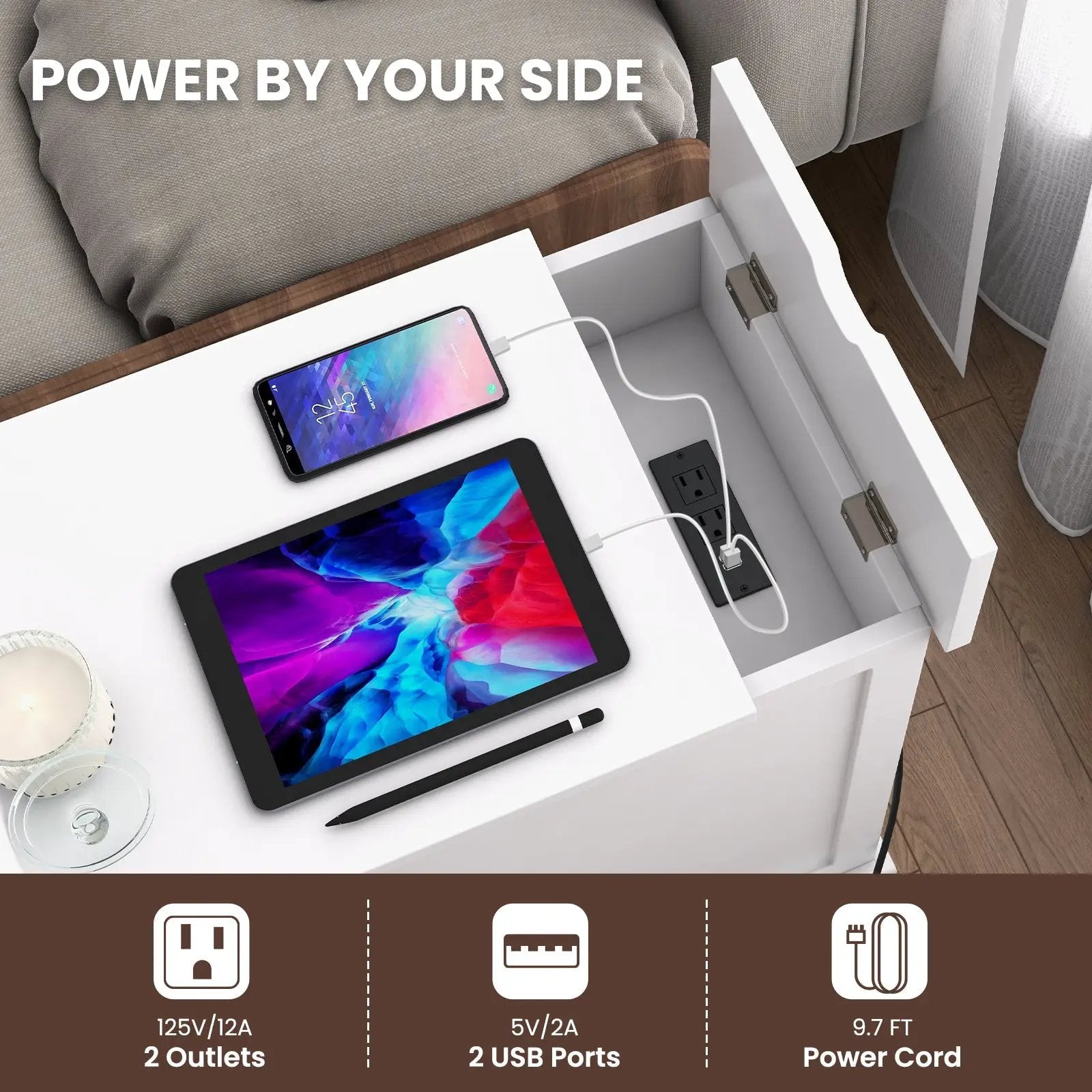 End Table with Charging Station and Flip Top-White by DirectDeals
