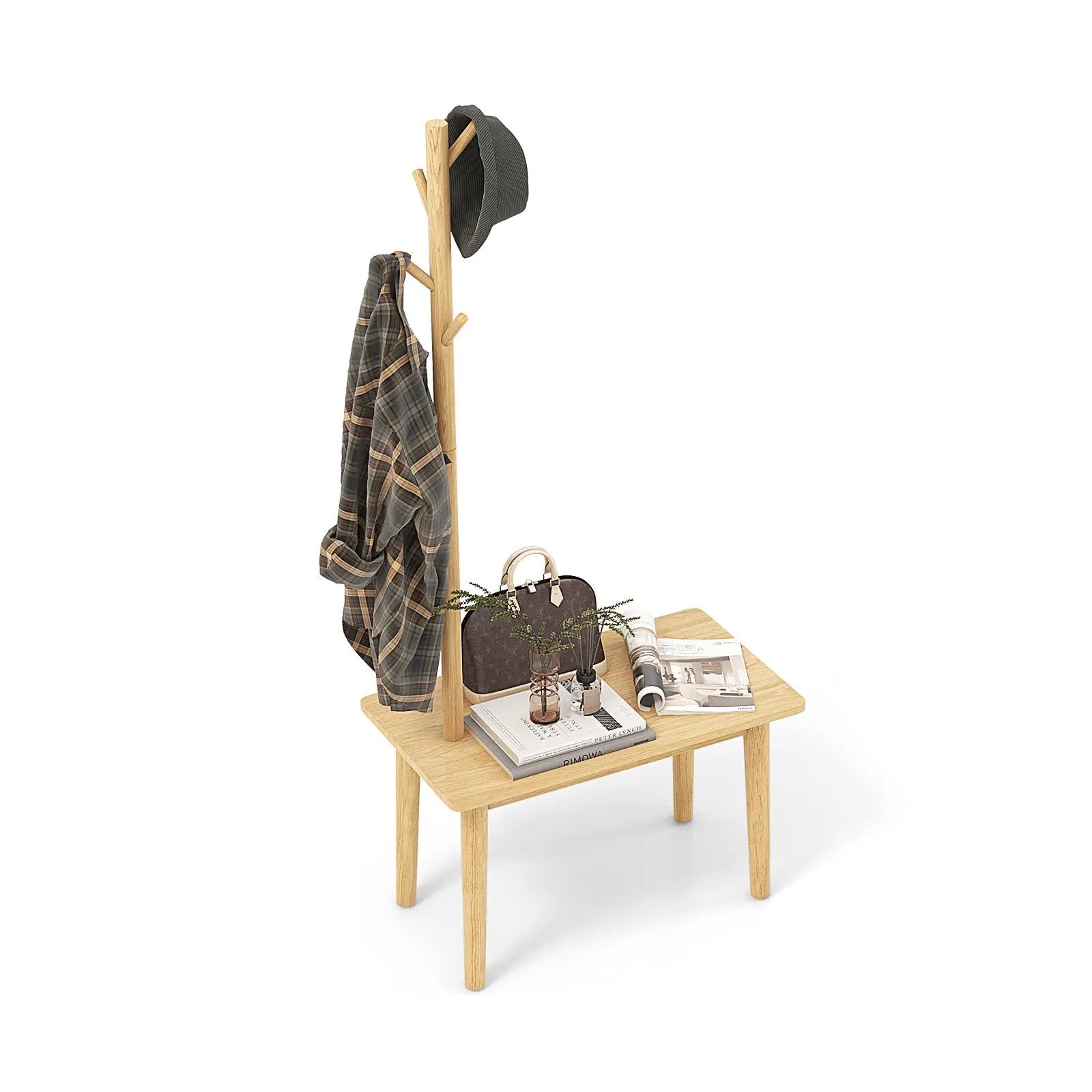 End Table with Coat Rack Solid Wood Coat Tree with 2-in-1 Side Table-Natural by DirectDeals