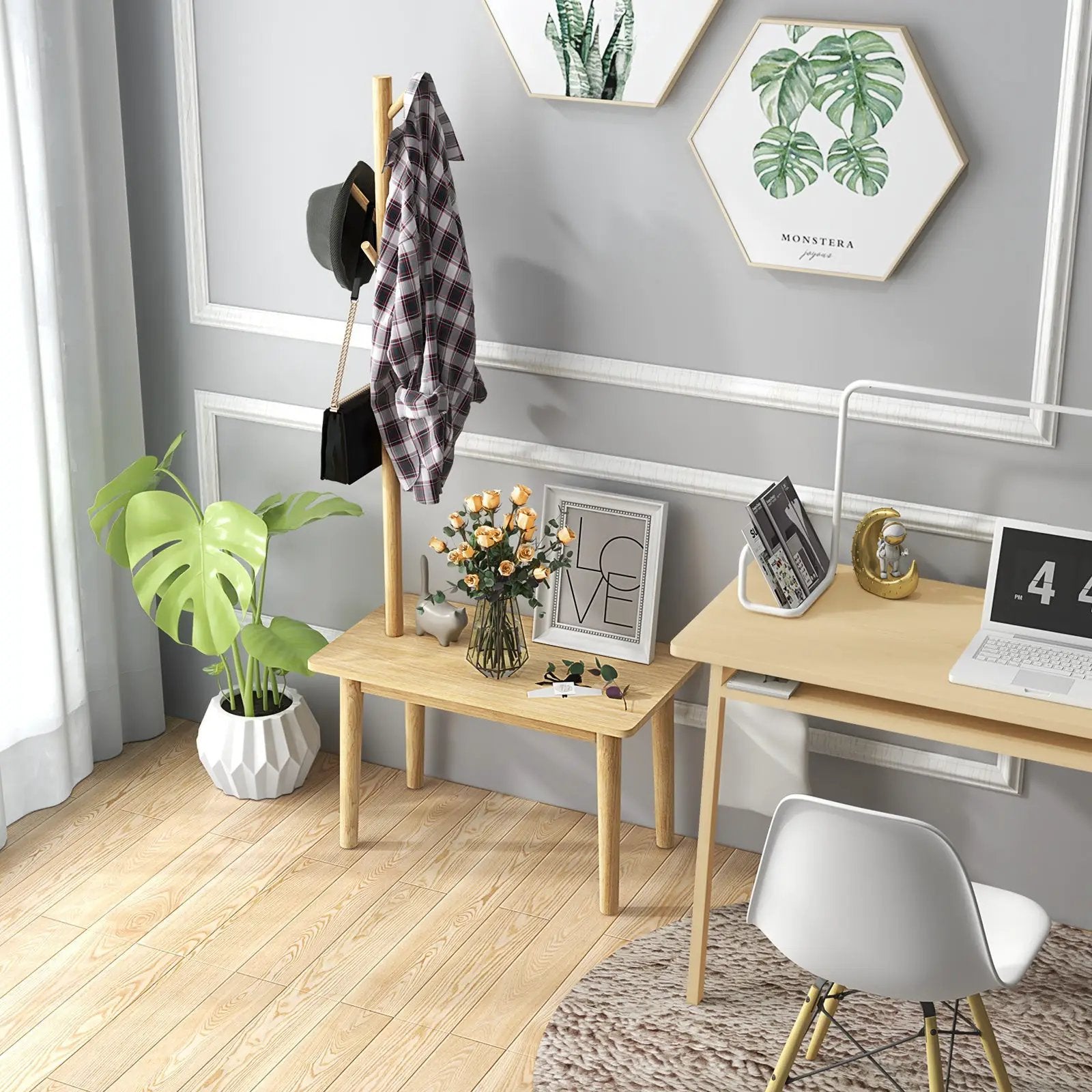 End Table with Coat Rack Solid Wood Coat Tree with 2-in-1 Side Table-Natural by DirectDeals