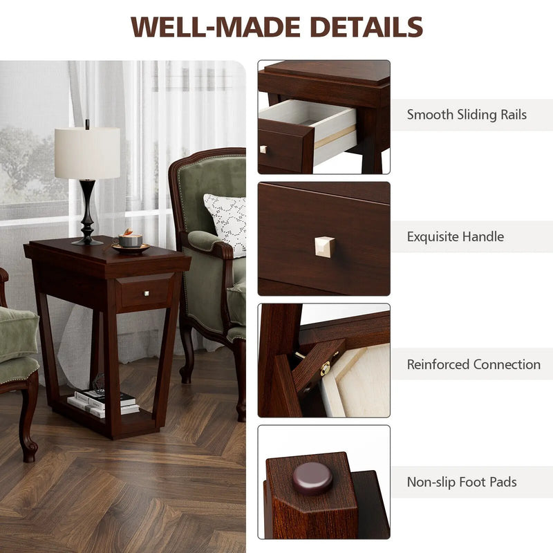 2-Tier Rubber Wood Classic End Table with Drawer and Shelf by DirectDeals