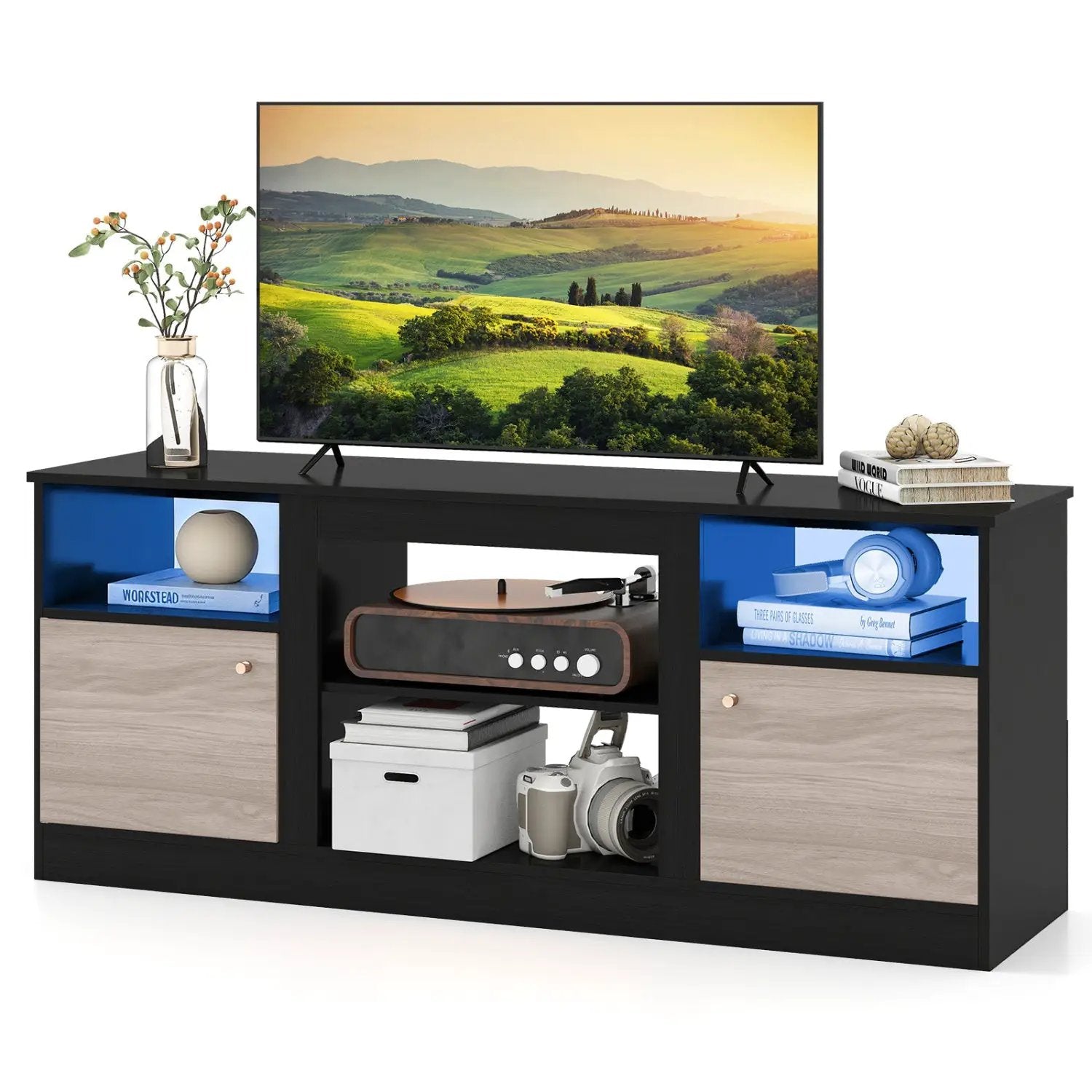 TV Stand for 65" TVs with LED Lighting & Fireplace Insert by DirectDeals