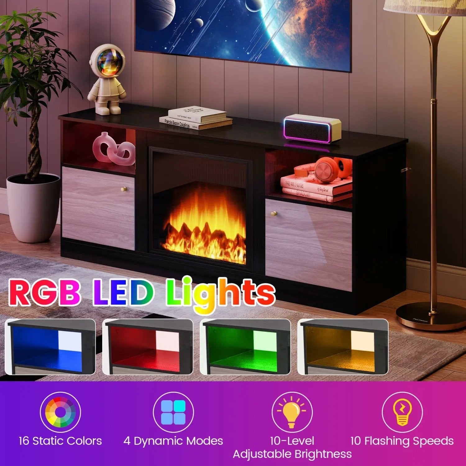 TV Stand for 65" TVs with LED Lighting & Fireplace Insert by DirectDeals