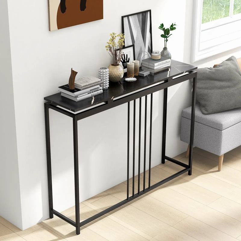 Entrance Couch Table with Narrow Faux Marble Top for Living Room and Hallway-Black by DirectDeals