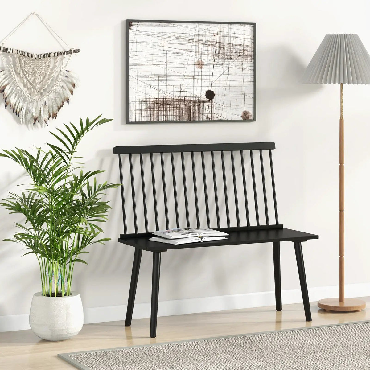 Entryway Bench for 2 with Spindle Back for Kitchen Dining Room Hallway by DirectDeals