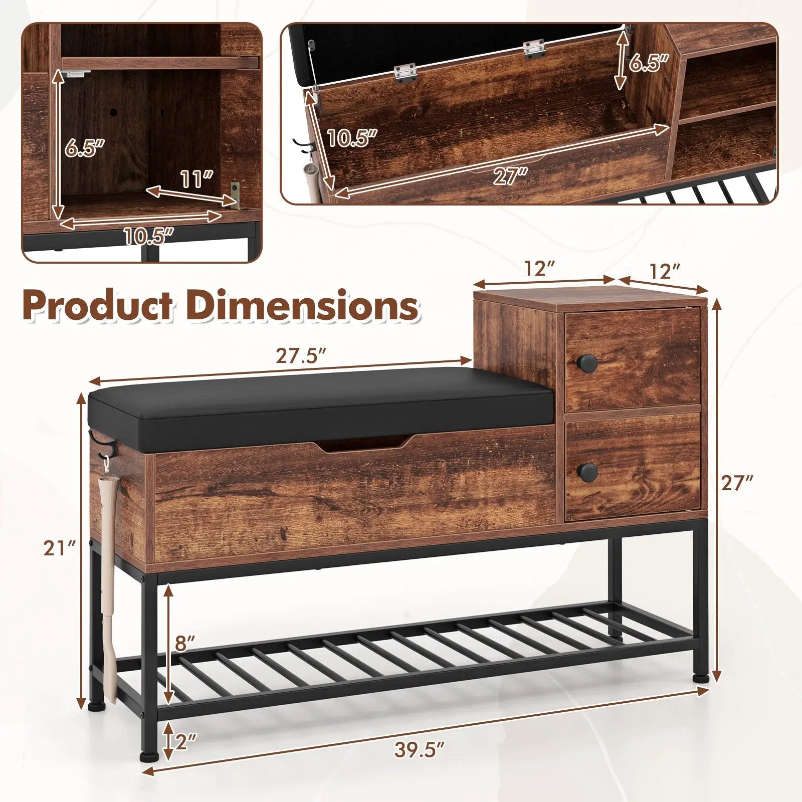 Entryway Bench with Flip Top Box and 2 Door Cabinets for Entryway-Rustic Brown by DirectDeals