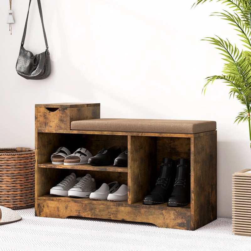 Entryway Storage Shoe Bench with 1 Storage Drawer and 3 Open Compartments-Rustic Brown by DirectDeals