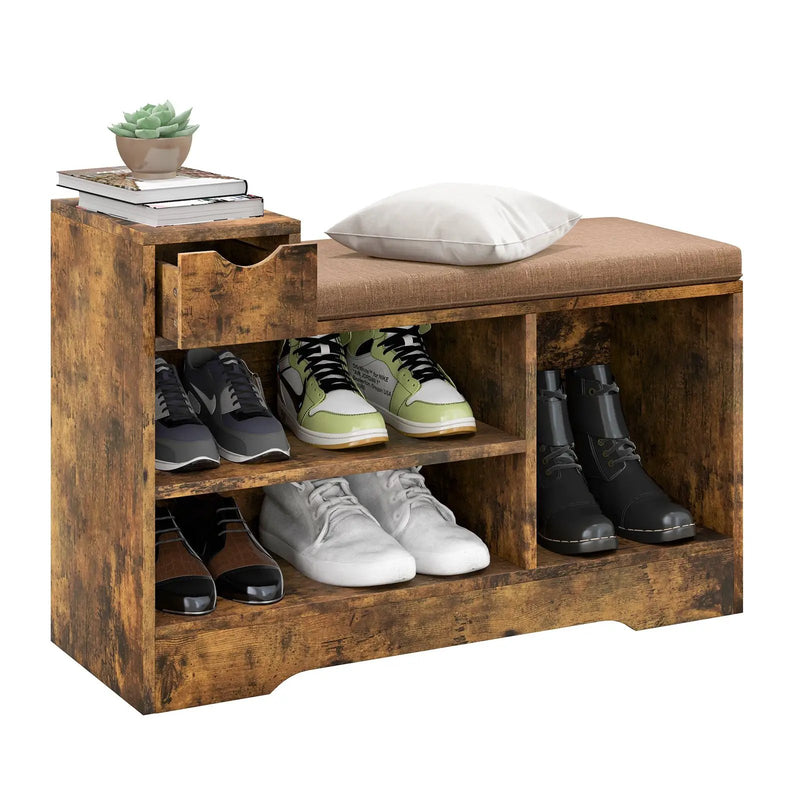 Entryway Storage Shoe Bench with 1 Storage Drawer and 3 Open Compartments-Rustic Brown by DirectDeals