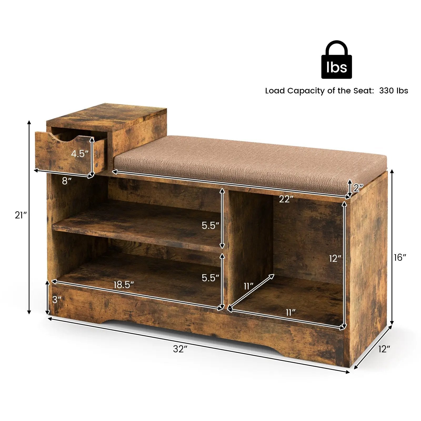 Entryway Storage Shoe Bench with 1 Storage Drawer and 3 Open Compartments-Rustic Brown by DirectDeals