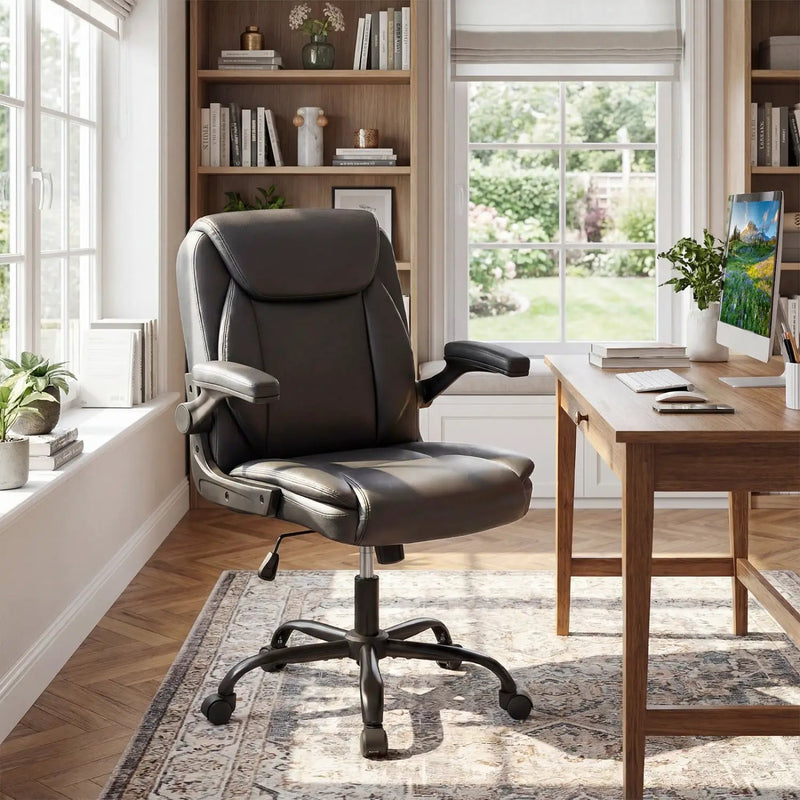 Ergonomic Leather Office Chair with Flip-up Armrests and Rocking Function by DirectDeals