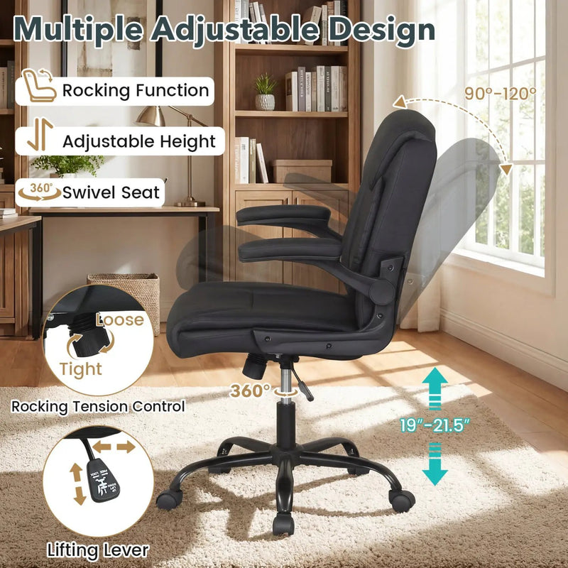 Ergonomic Leather Office Chair with Flip-up Armrests and Rocking Function by DirectDeals