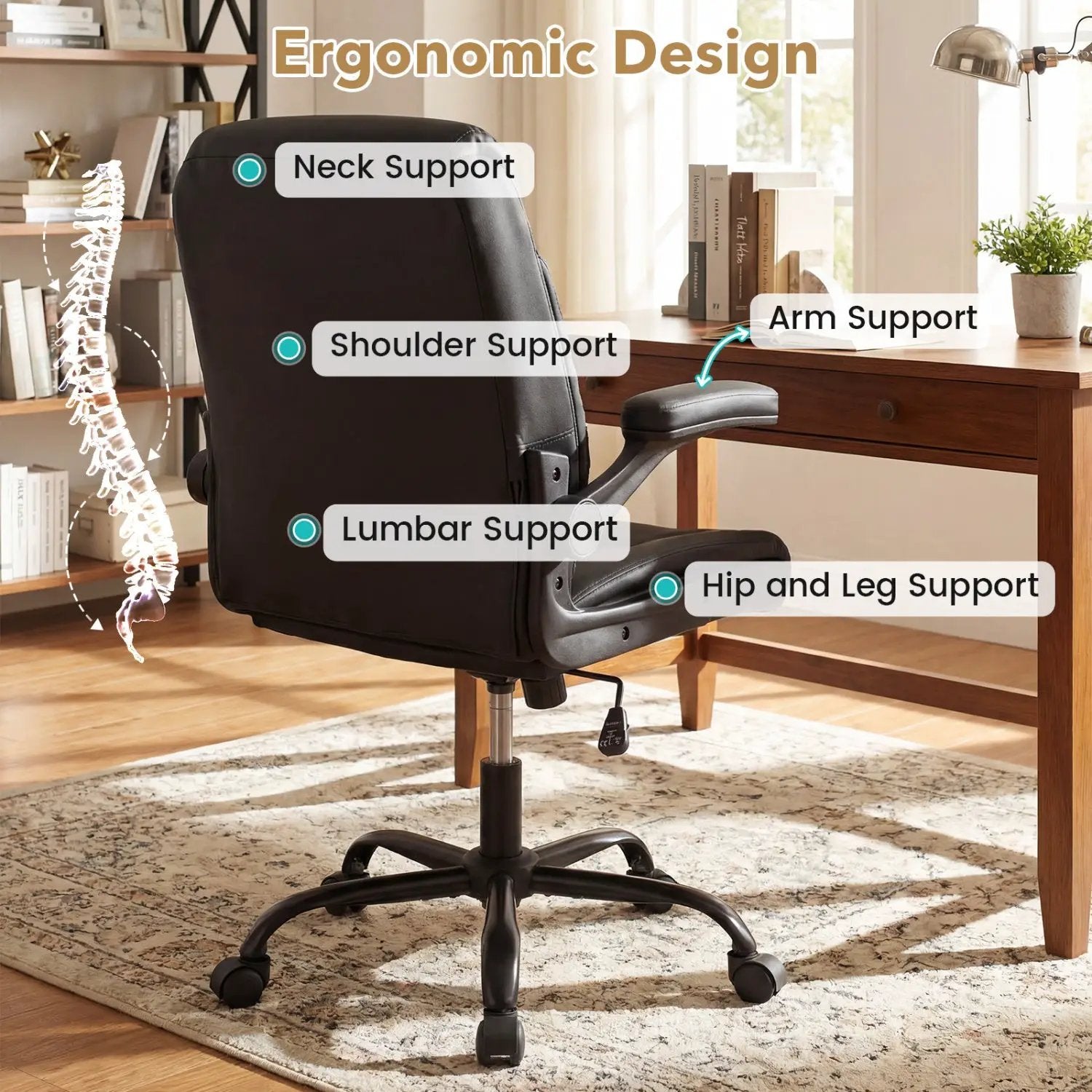 Ergonomic Leather Office Chair with Flip-up Armrests and Rocking Function by DirectDeals