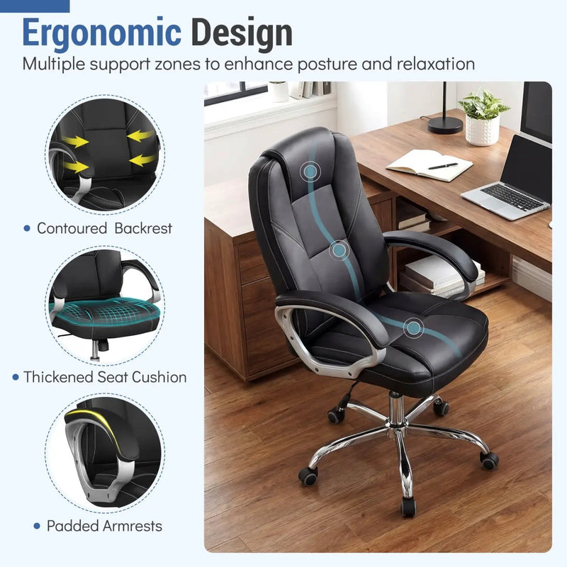 Ergonomic Leather Office Chair with Padded Armrests and Rocking Backrest by DirectDeals