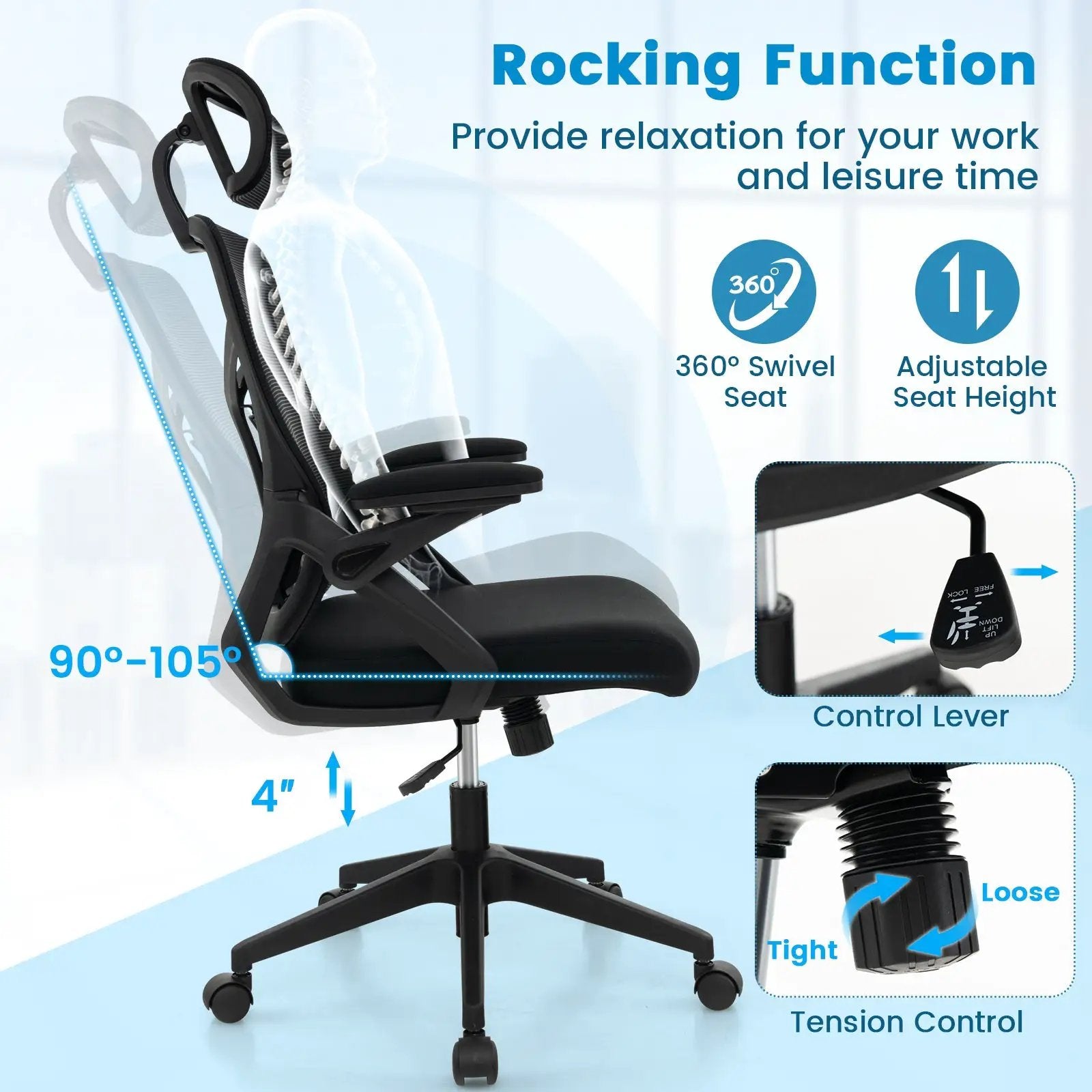 Ergonomic Mesh Office Chair with Lumbar Support and Rocking Function-Black by DirectDeals