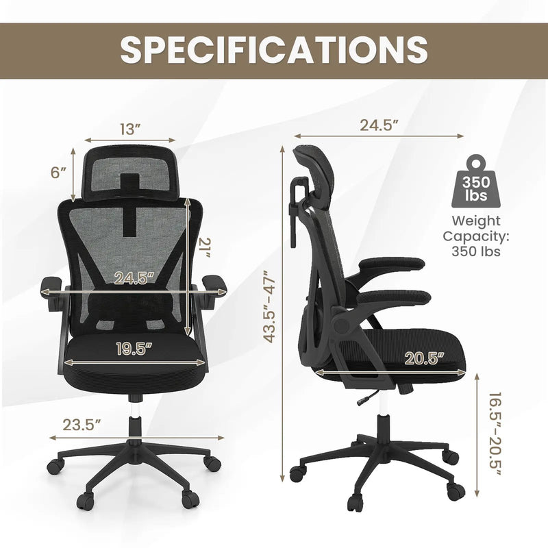 Ergonomic Mesh Office Chair with Adjustable Lumbar Support and Flip-up Armrests-Black by DirectDeals