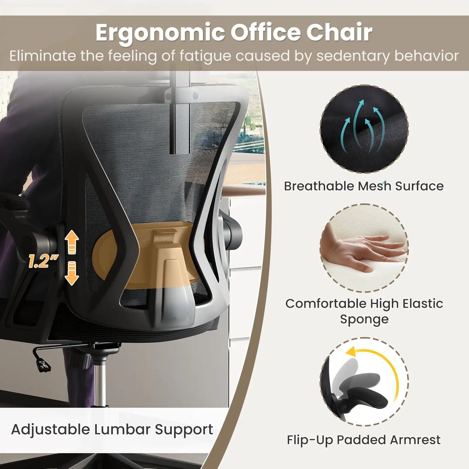 Ergonomic Mesh Office Chair with Adjustable Lumbar Support and Flip-up Armrests-Black by DirectDeals