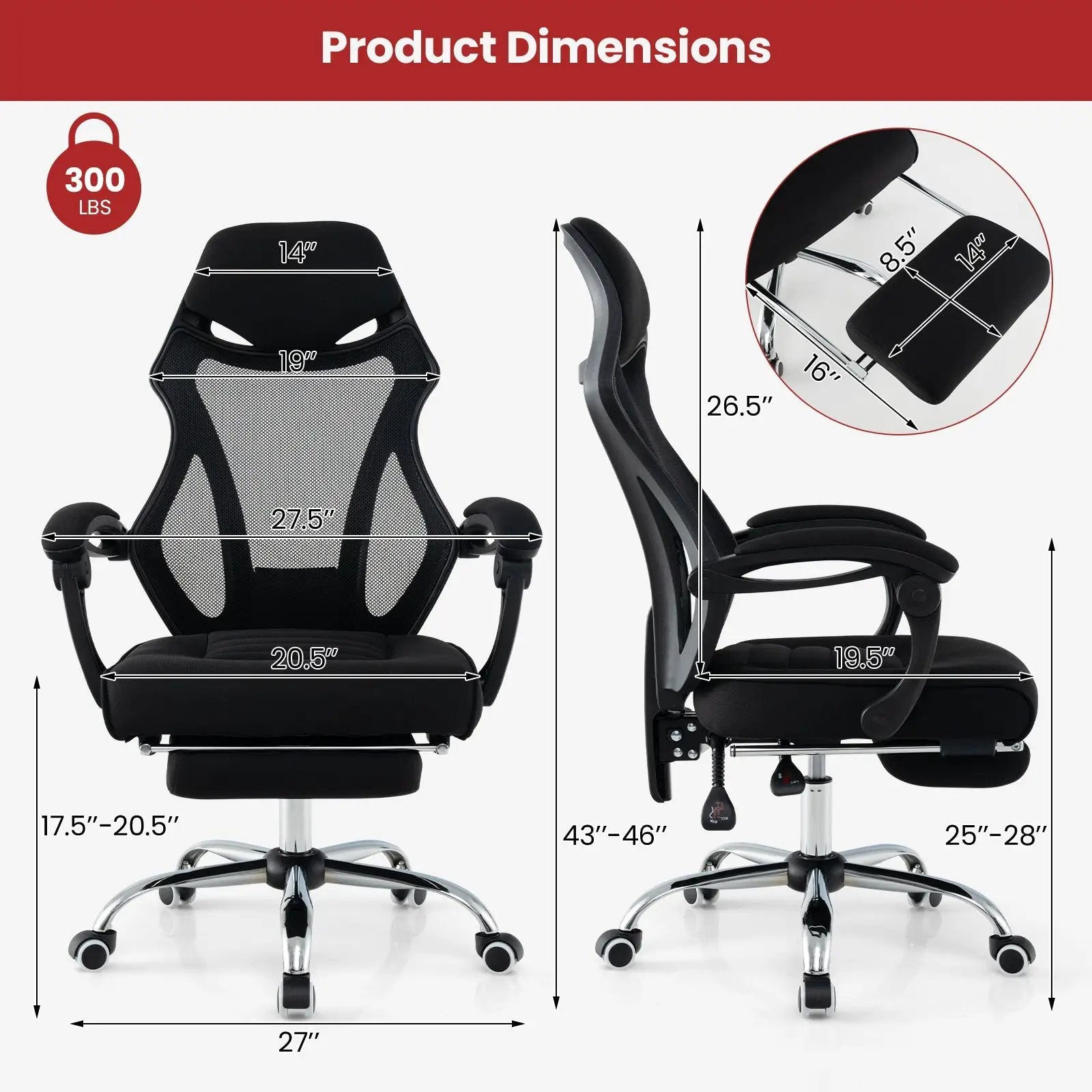 Ergonomic Mesh Office Chair with Footrest and Tilting Backrest-Black by DirectDeals
