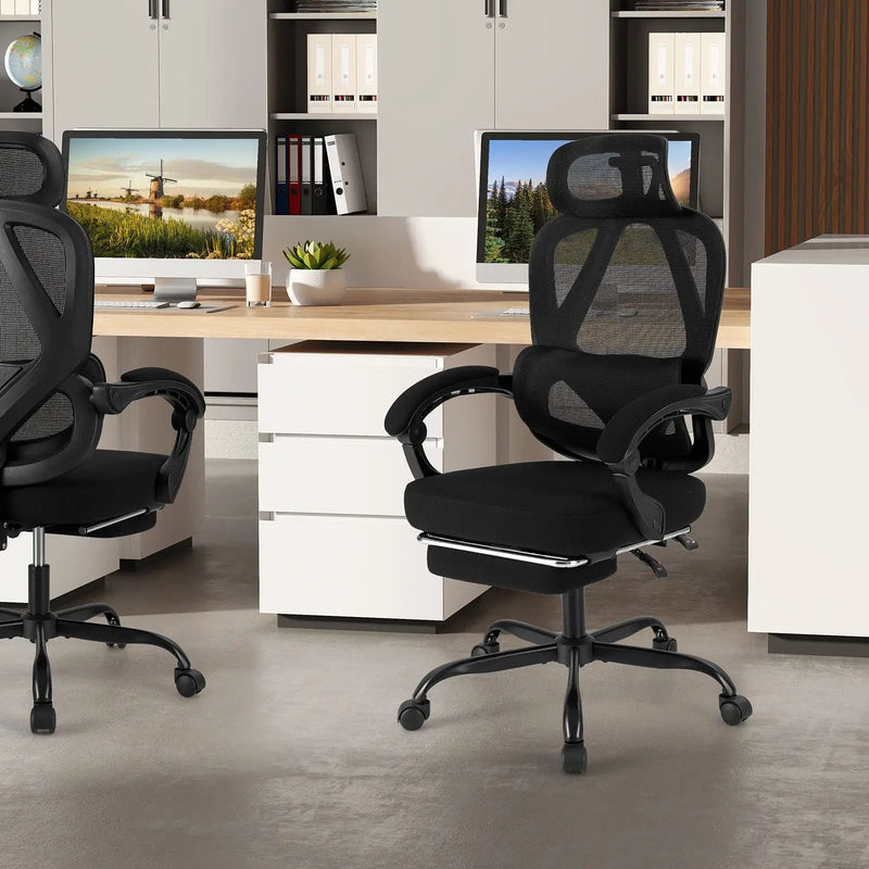 Ergonomic Office Chair High Back Mesh Desk Chair with Retractable Footrest-Black by DirectDeals