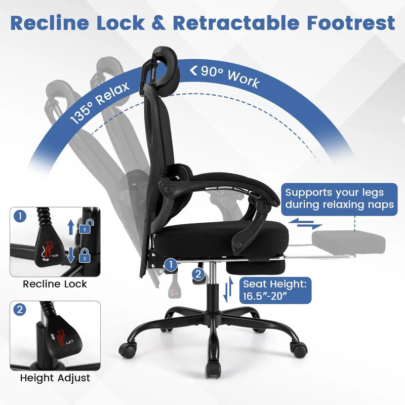 Ergonomic Office Chair High Back Mesh Desk Chair with Retractable Footrest-Black by DirectDeals