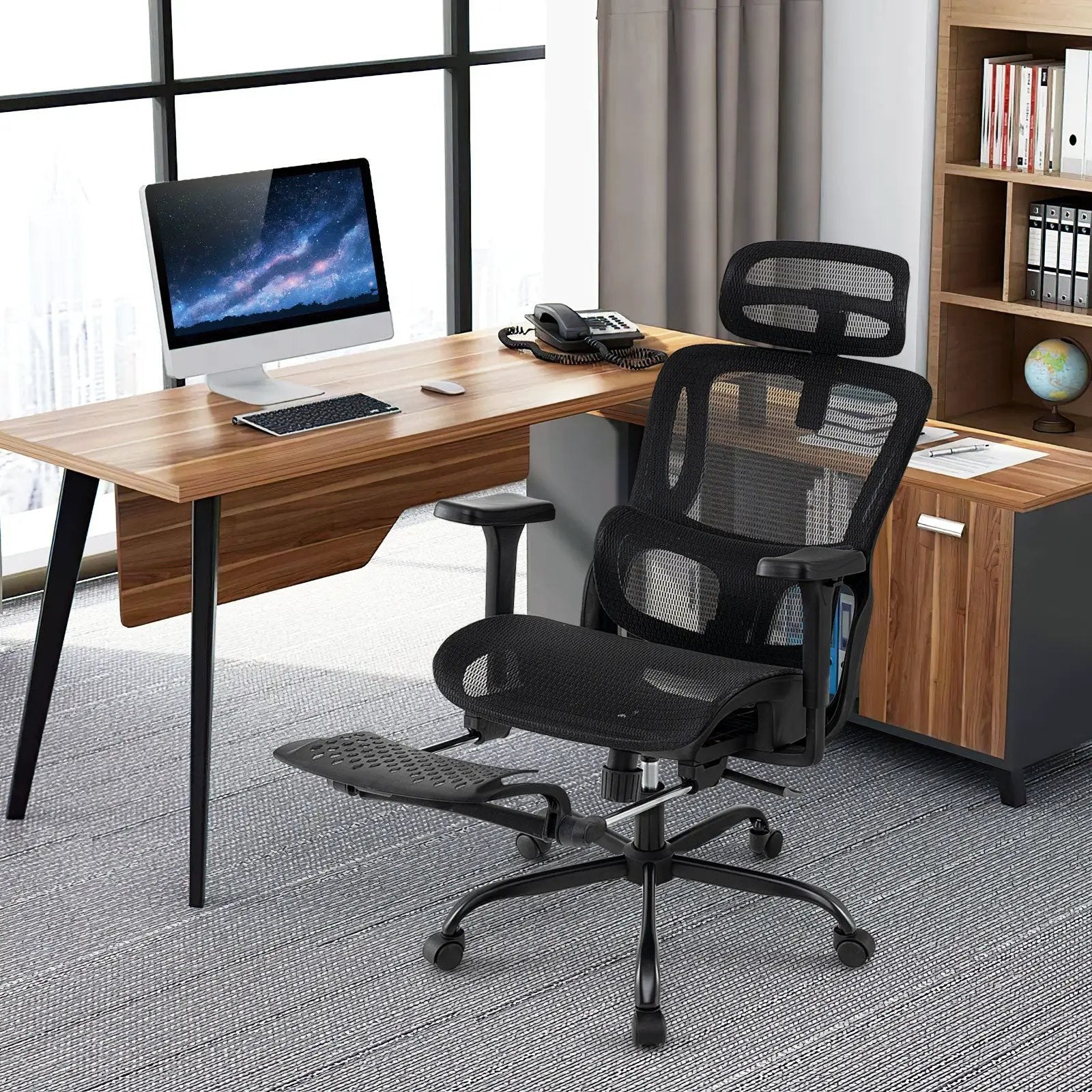 Ergonomic Office Chair Swivel Computer Desk Chair with Rotating Headrest-Black by DirectDeals