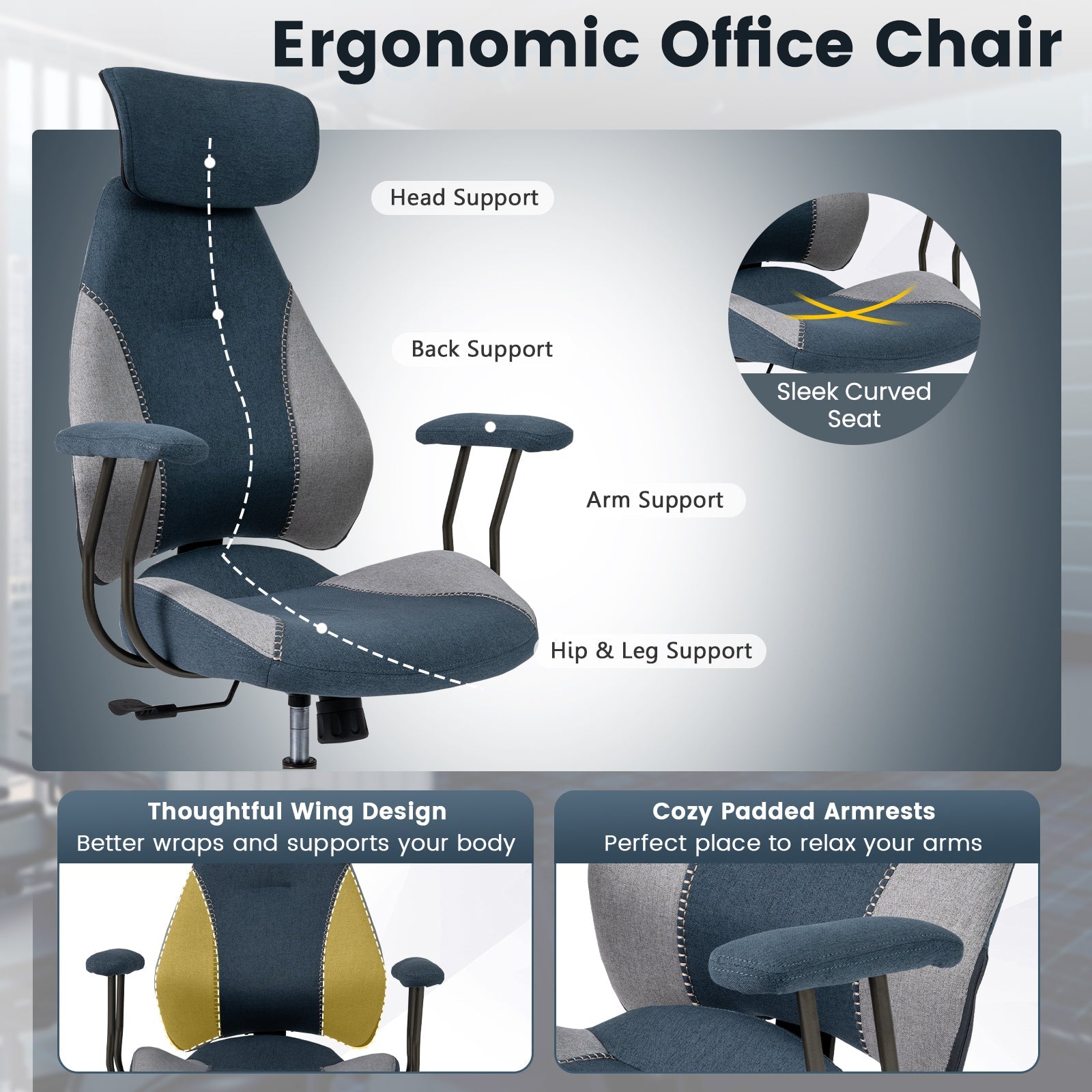 Ergonomic Office Chair Computer Desk Chair with 2D Headrest and Rocking Backrest by DirectDeals