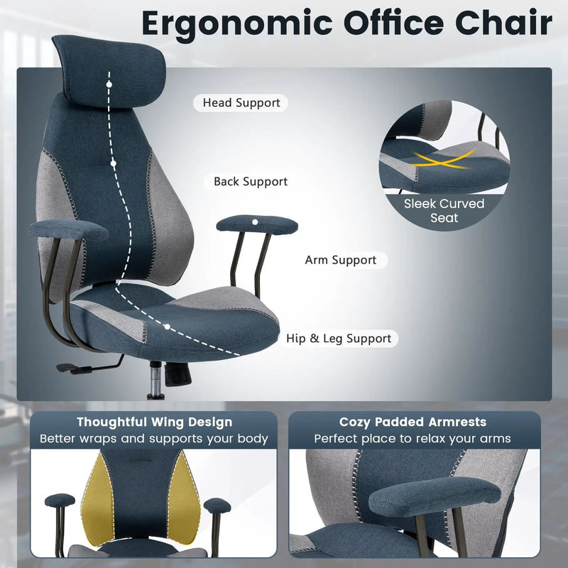 Ergonomic Office Chair Computer Desk Chair with 2D Headrest and Rocking Backrest by DirectDeals