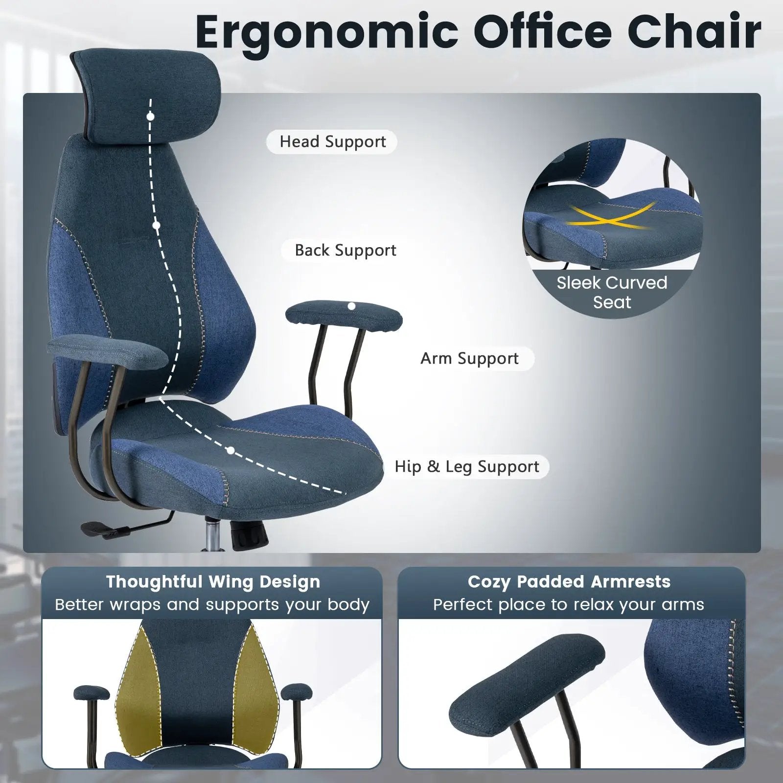 Ergonomic Office Chair Computer Desk Chair with 2D Headrest and Rocking Backrest by DirectDeals