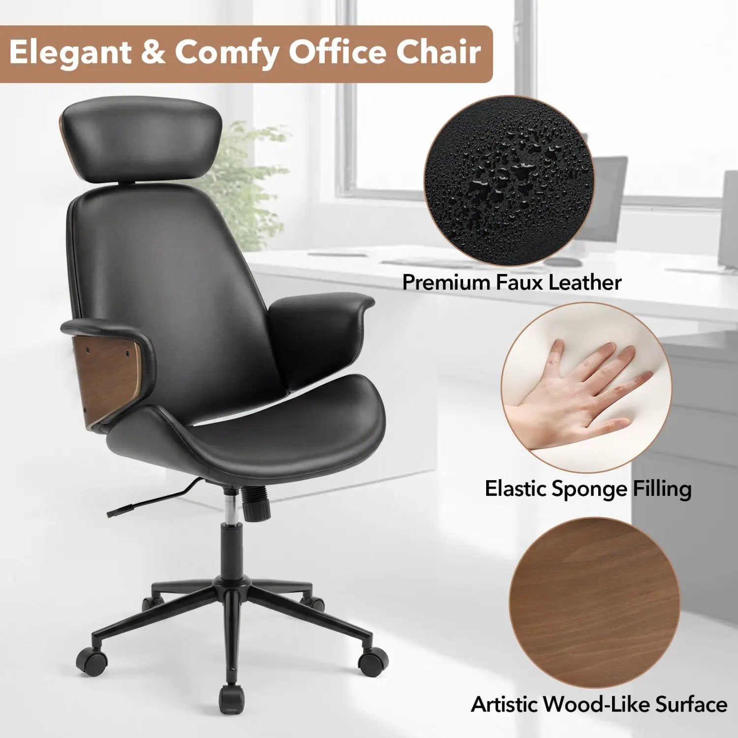 Ergonomic Office Chair with Headrest Adjustable Height for Home Office and Study by DirectDeals