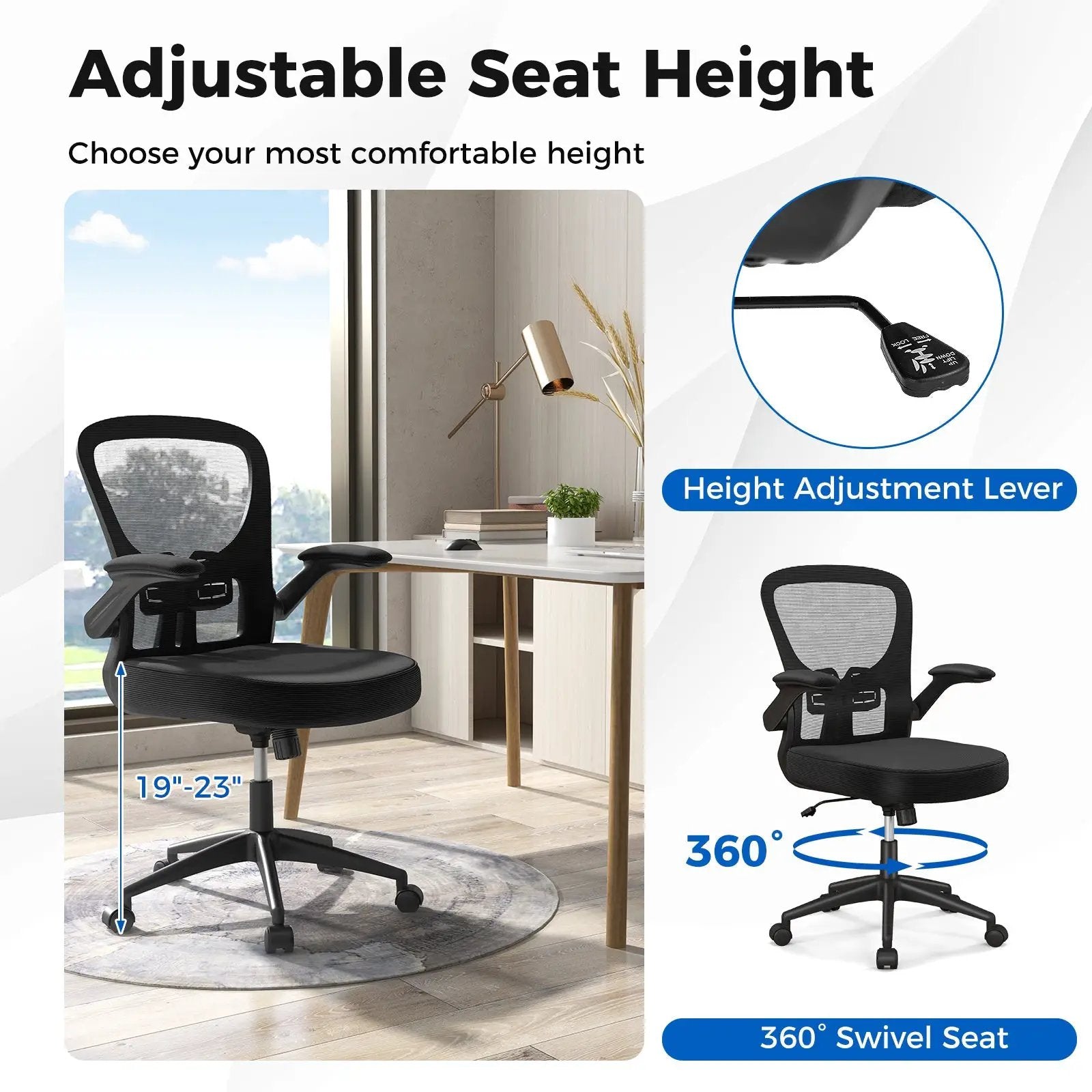 Adjustable Swivel Mesh Task Office Chair with Flip-Up Armrests-Black by DirectDeals