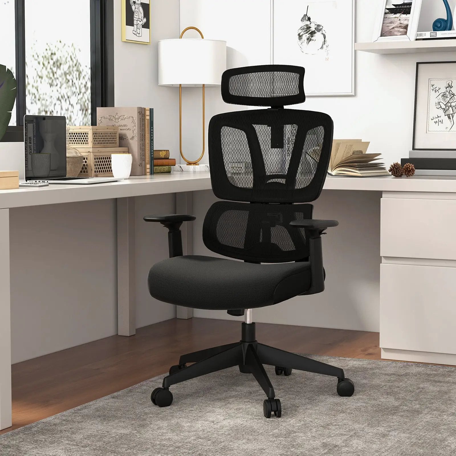 Ergonomic Office Chair with N Type Lumbar Support and Adjustable Headrest-Black by DirectDeals