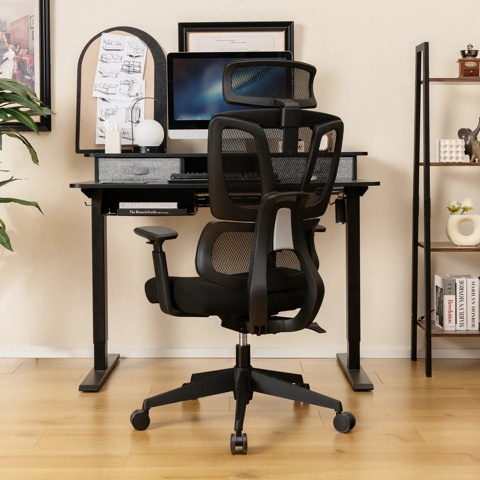 Ergonomic Office Chair with N Type Lumbar Support and Adjustable Headrest-Black by DirectDeals