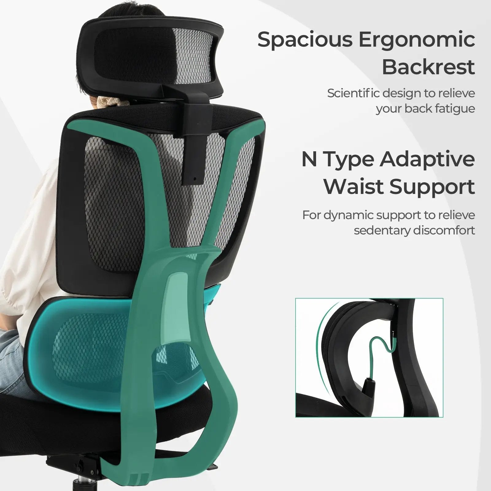 Ergonomic Office Chair with N Type Lumbar Support and Adjustable Headrest-Black by DirectDeals