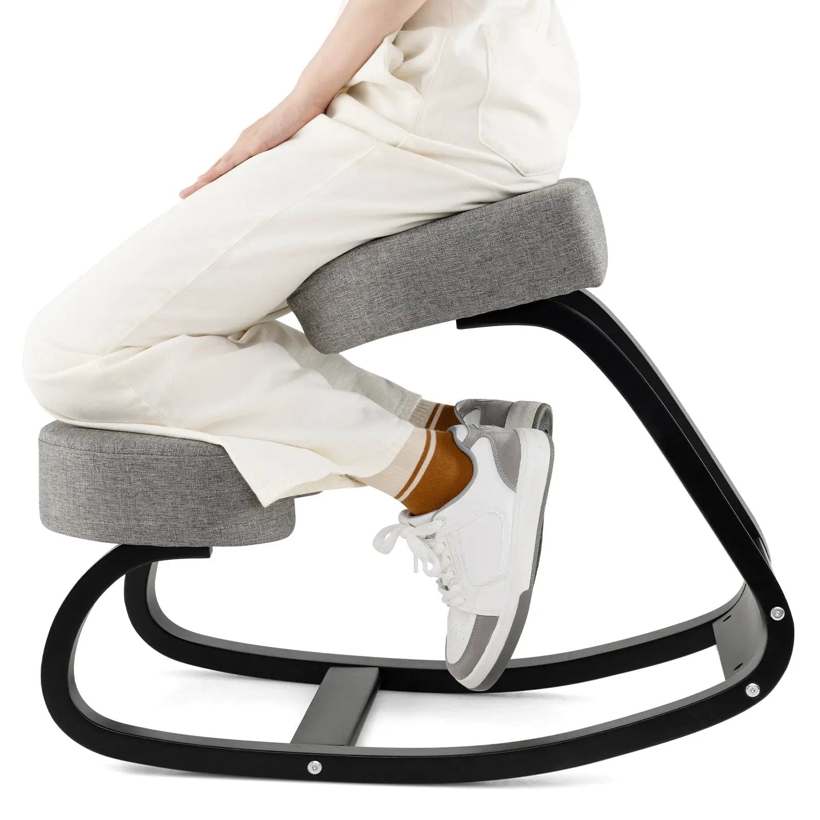 Wooden Ergonomic Backless Rocking Kneeling Chair with Padded Cushion-Gray by DirectDeals