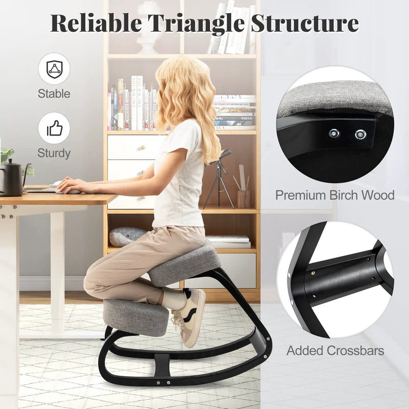 Wooden Ergonomic Backless Rocking Kneeling Chair with Padded Cushion-Gray by DirectDeals