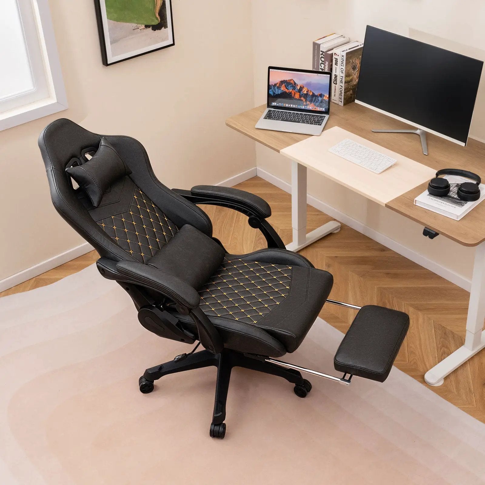 Ergonomic Video Game Computer Chair with Headrest and Lumbar Pillow-Black by DirectDeals