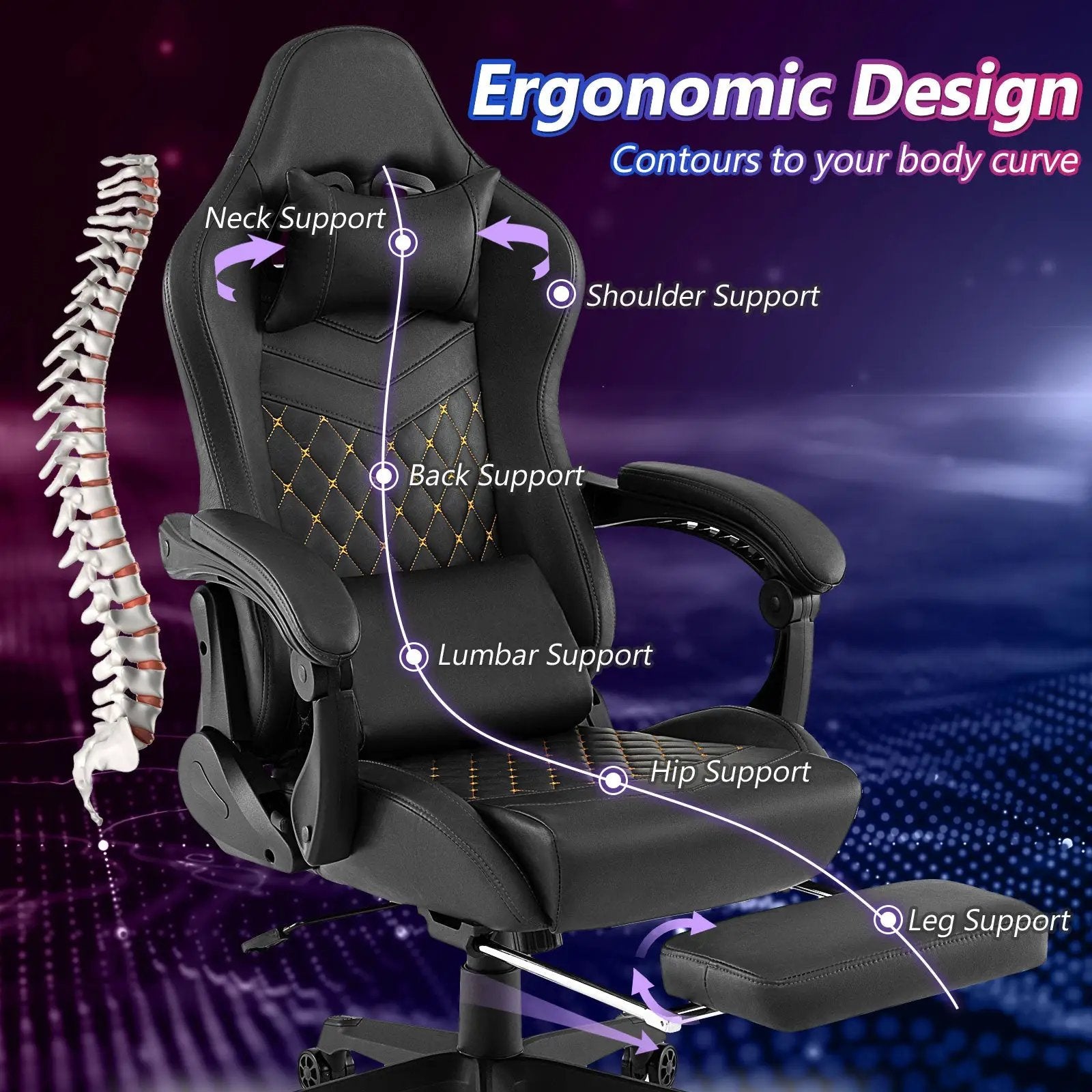 Ergonomic Video Game Computer Chair with Headrest and Lumbar Pillow-Black by DirectDeals