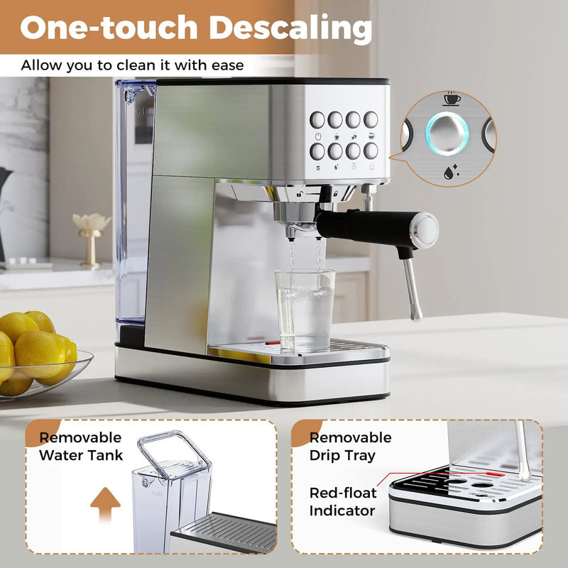 Espresso Machine 20 Bar Compact Stainless Steel Coffee Maker with Milk Frother-Silver by DirectDeals