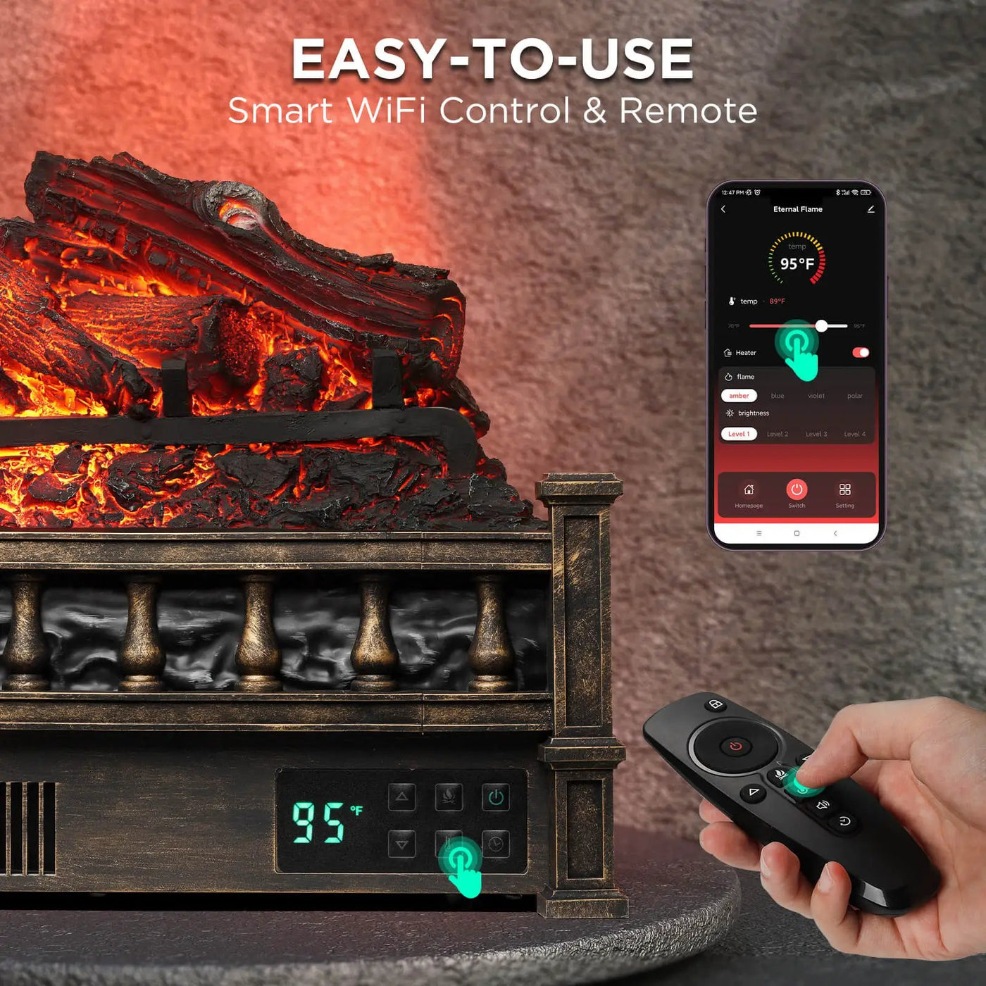 (Open Box) Eternal Flame EF26-LG Smart Electric Fireplace Logs, WiFi Enabled by TURBRO