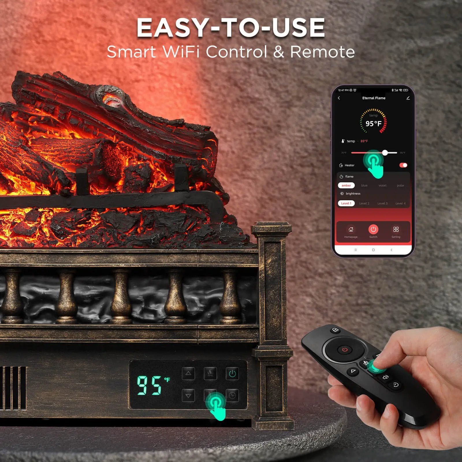 (Open Box) Eternal Flame EF26-LG Smart Electric Fireplace Logs, WiFi Enabled by TURBRO