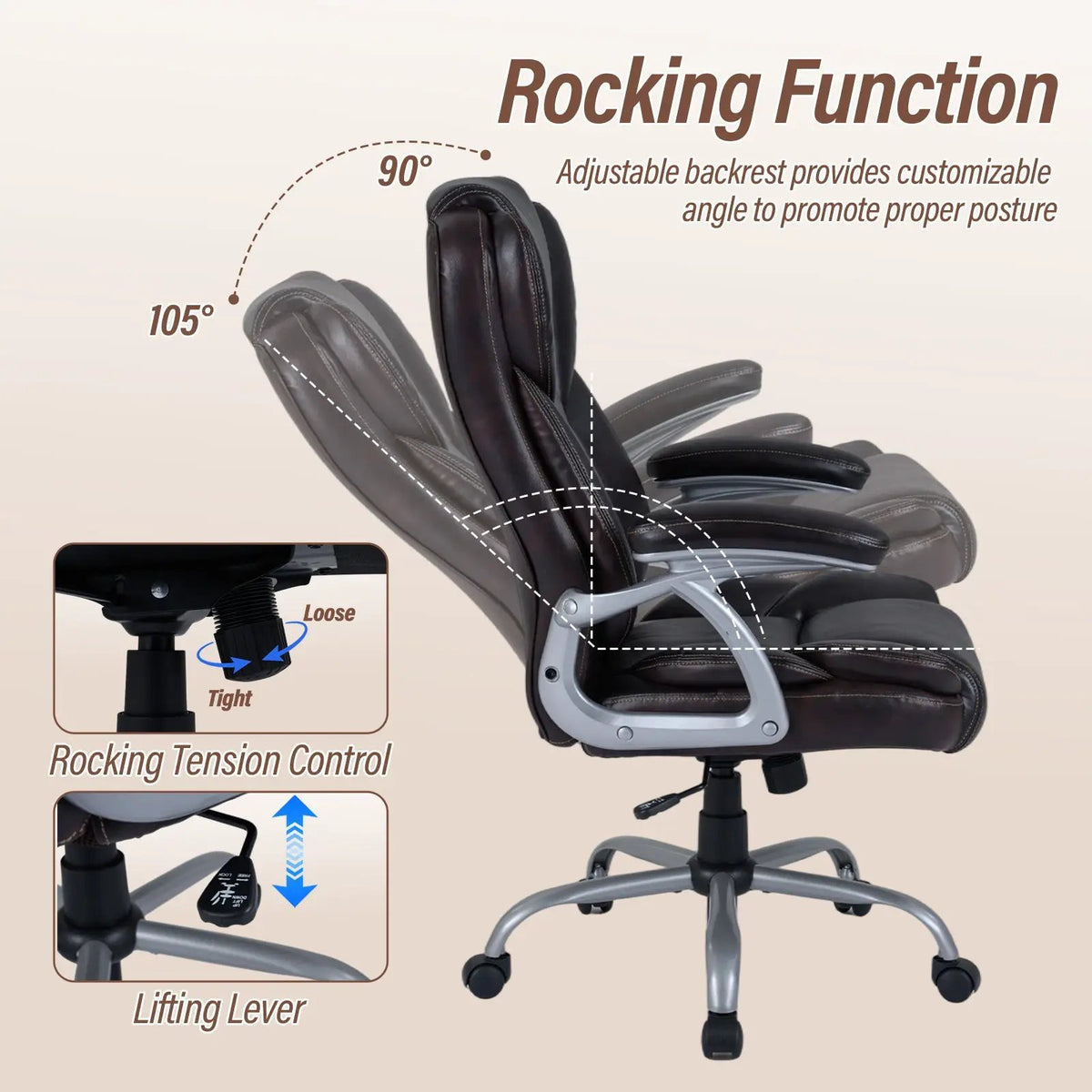 Executive Office Chair Leather Ergonomic Computer Desk Chair with Padded Seat and Armrests by DirectDeals