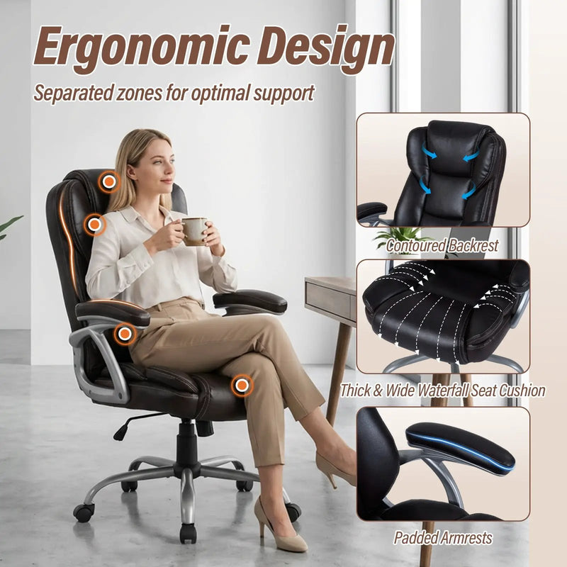 Executive Office Chair Leather Ergonomic Computer Desk Chair with Padded Seat and Armrests by DirectDeals