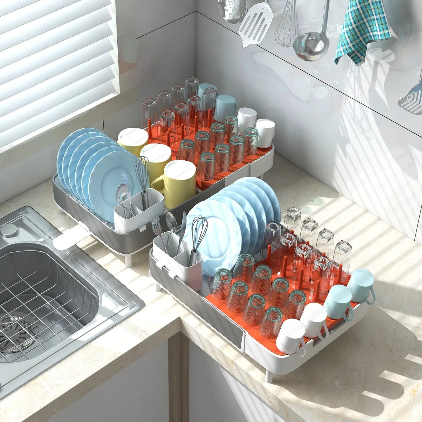 Expandable Dish Drying Rack Adjustable Dual-Part Dish Drainer with Detachable Utensil Holder by DirectDeals