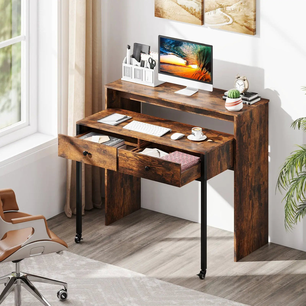 Extendable Computer Desk with 2 Storage Drawers Convertible Home Office Rolling Study Writing Desk by DirectDeals
