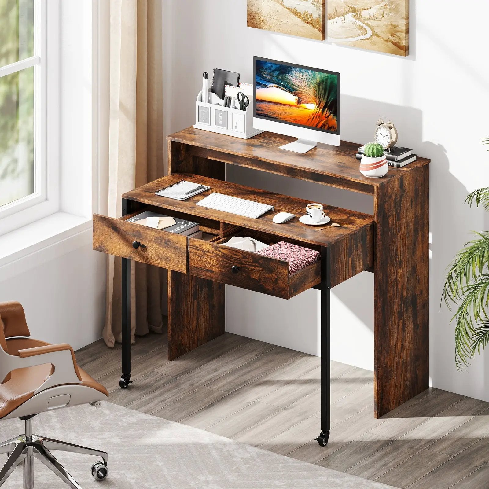 Extendable Computer Desk with 2 Storage Drawers Convertible Home Office Rolling Study Writing Desk by DirectDeals