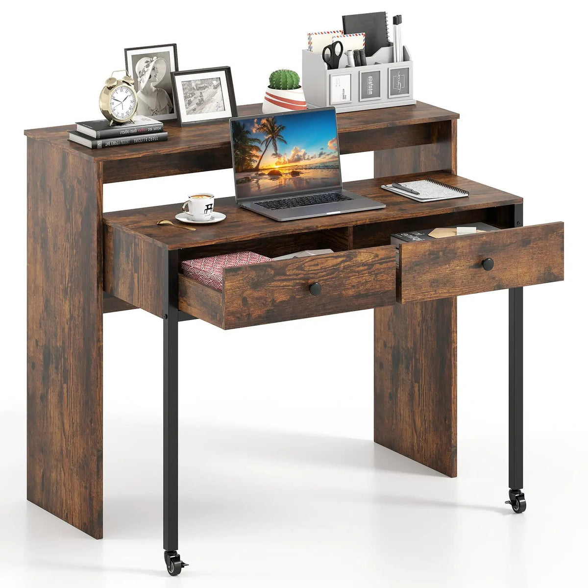 Extendable Computer Desk with 2 Storage Drawers Convertible Home Office Rolling Study Writing Desk by DirectDeals