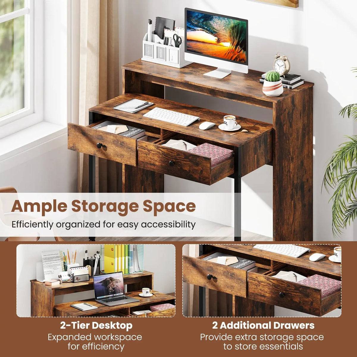 Extendable Computer Desk with 2 Storage Drawers Convertible Home Office Rolling Study Writing Desk by DirectDeals