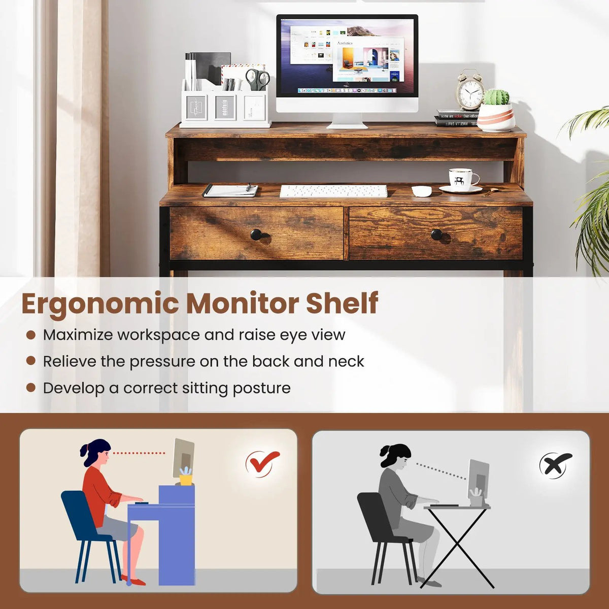 Extendable Computer Desk with 2 Storage Drawers Convertible Home Office Rolling Study Writing Desk by DirectDeals