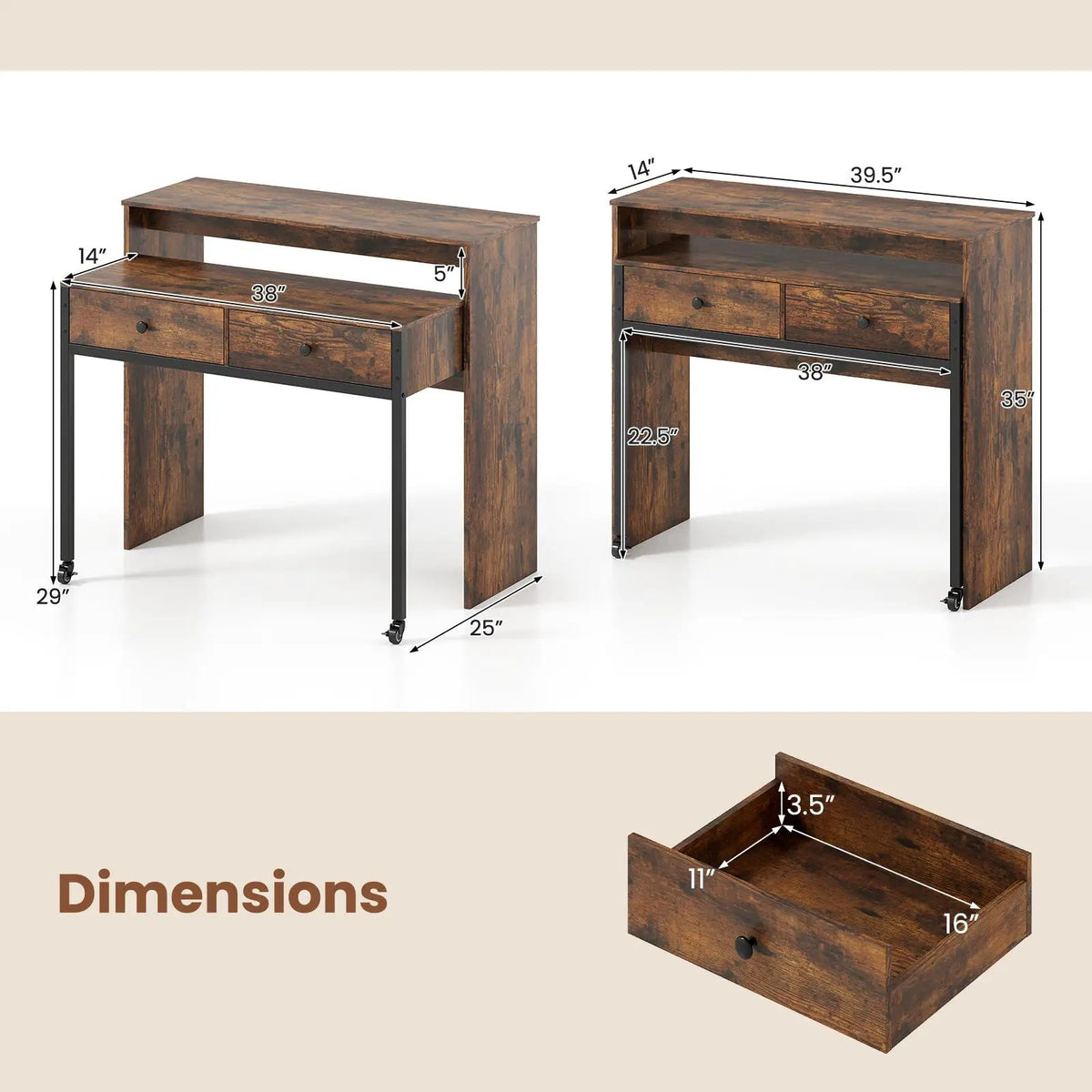 Extendable Computer Desk with 2 Storage Drawers Convertible Home Office Rolling Study Writing Desk by DirectDeals