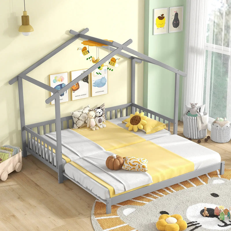Extendable House Bed Twin to King Daybed with Roof and Fence Rails by DirectDeals