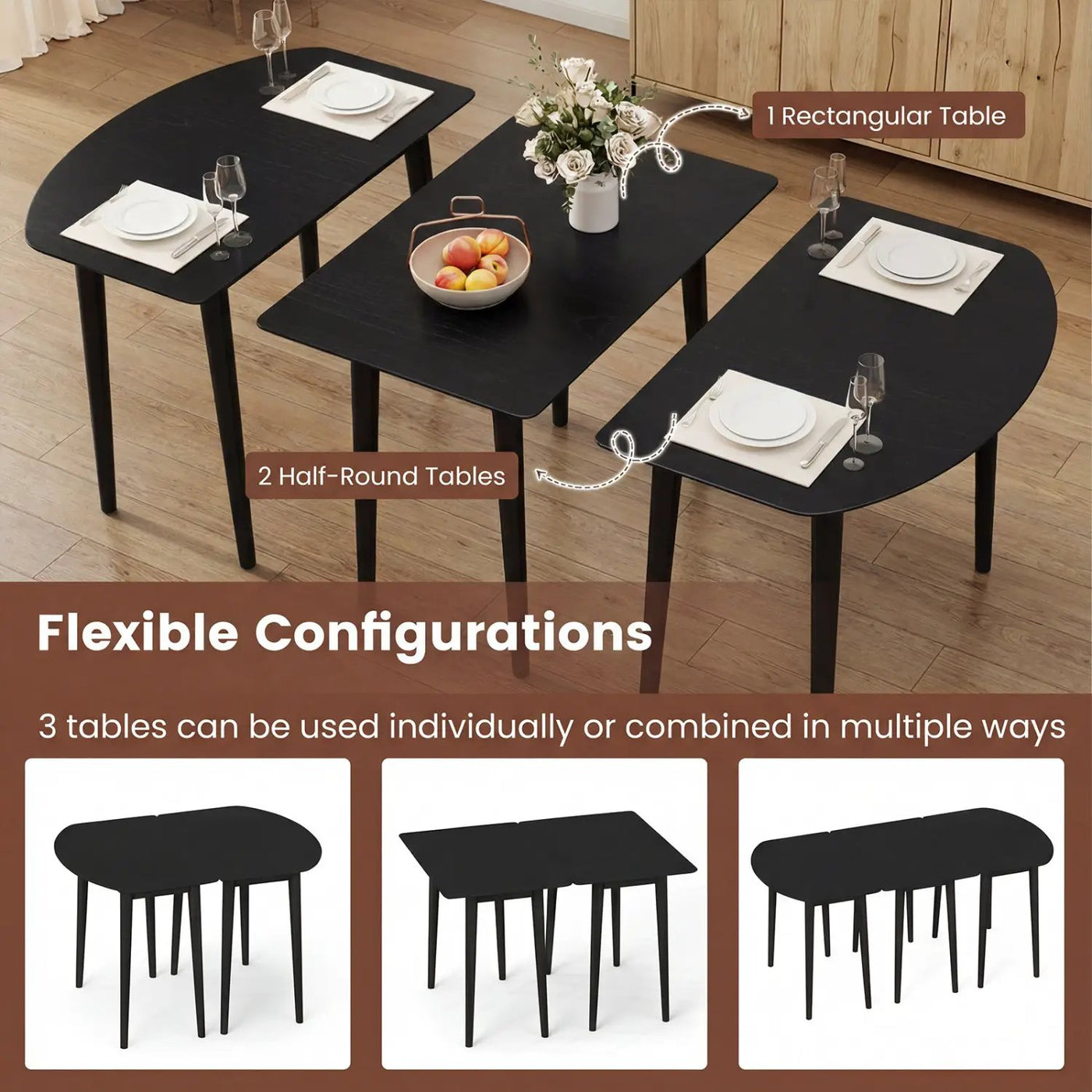 Extendable Oval Dining Table Set with 2 Half-Round Tables for 4-6 People by DirectDeals